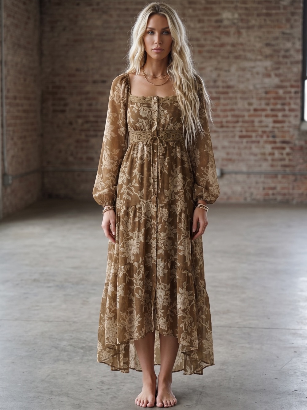NWT Promesa Floral Boho Print Bubble Sleeve Maxi High Low Button Front Dress - Picture 3 of 9